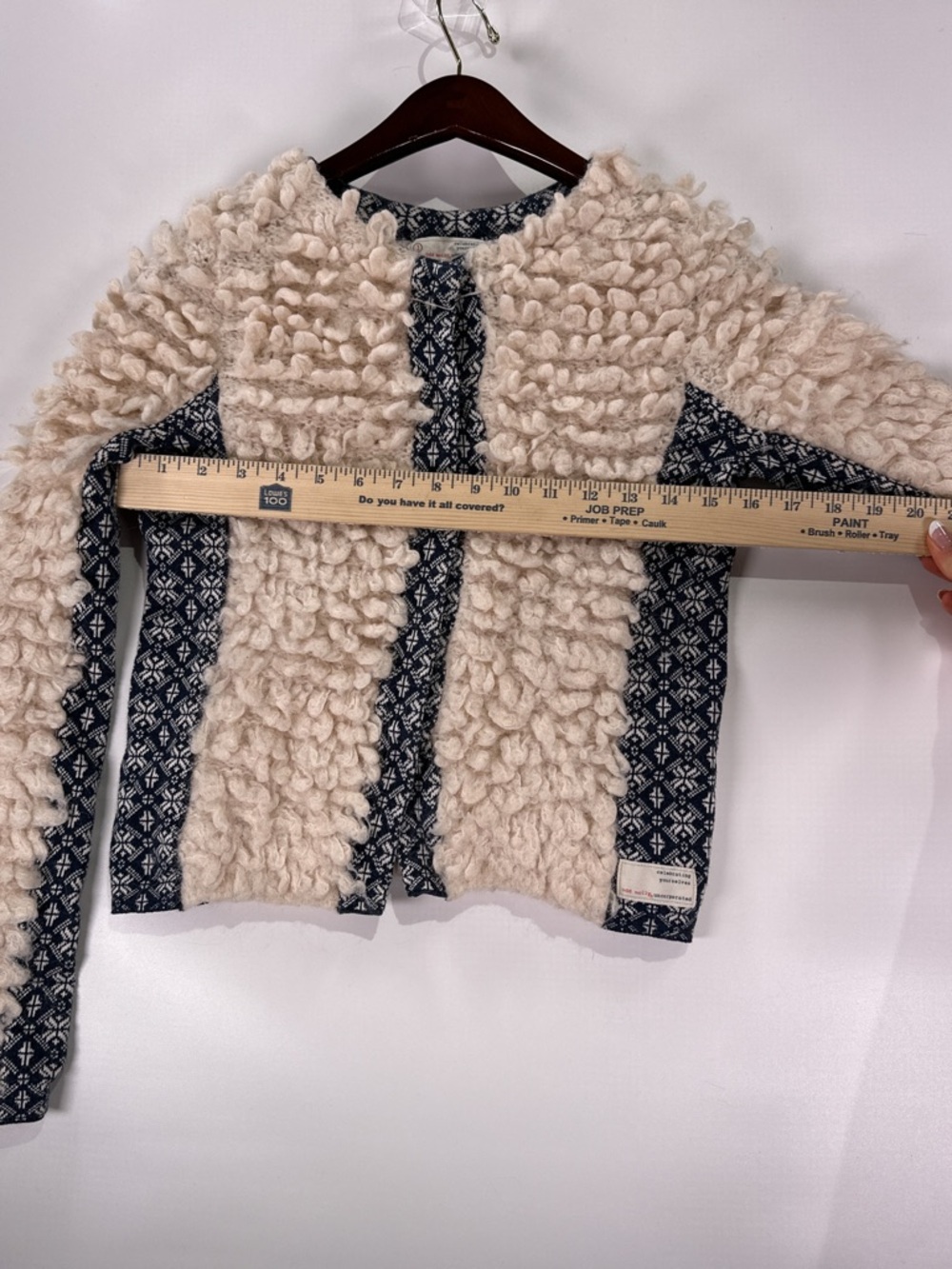 Odd Molly Shaggy Loop Knit Cardigan Fair Isle Alpaca Wool Blend Cream Navy Small - Picture 12 of 13